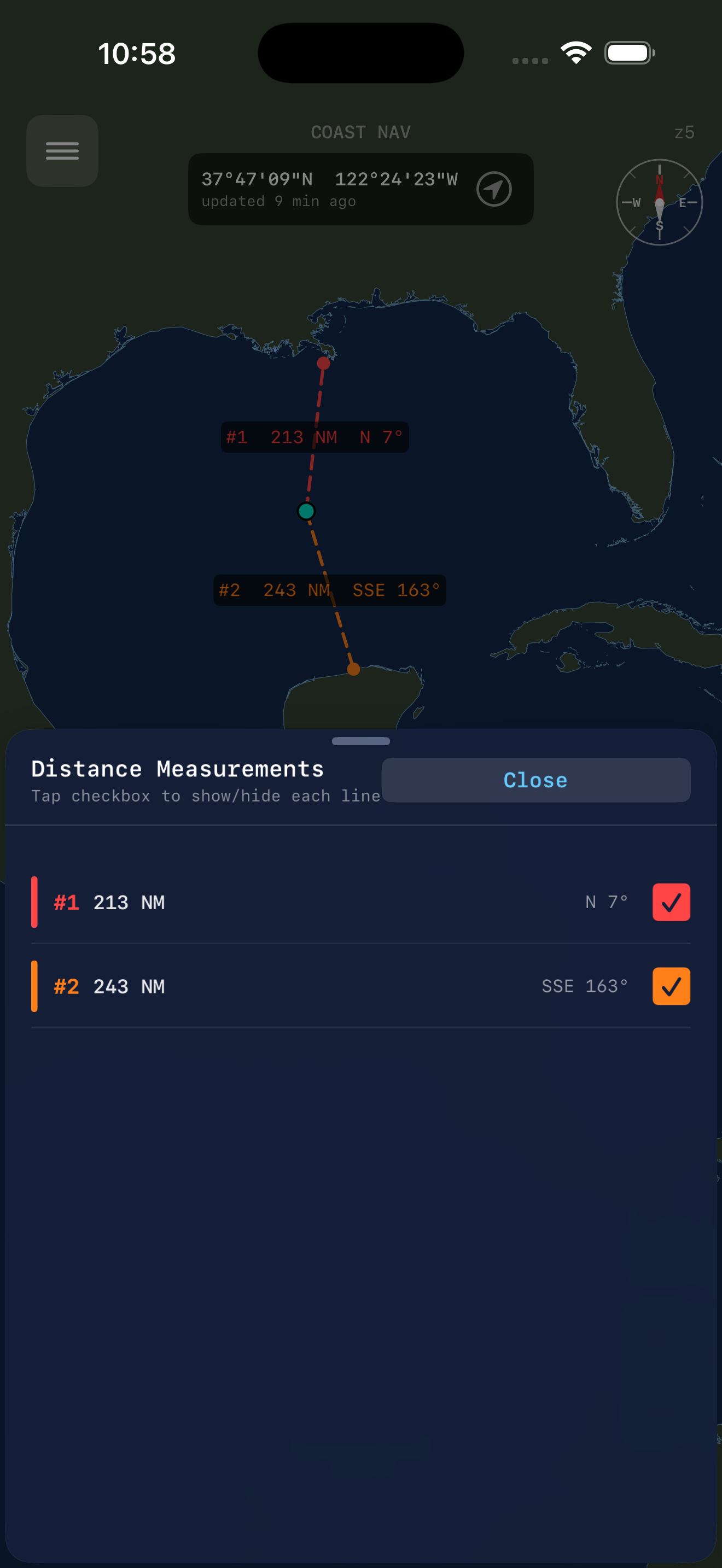 Distance measurements panel