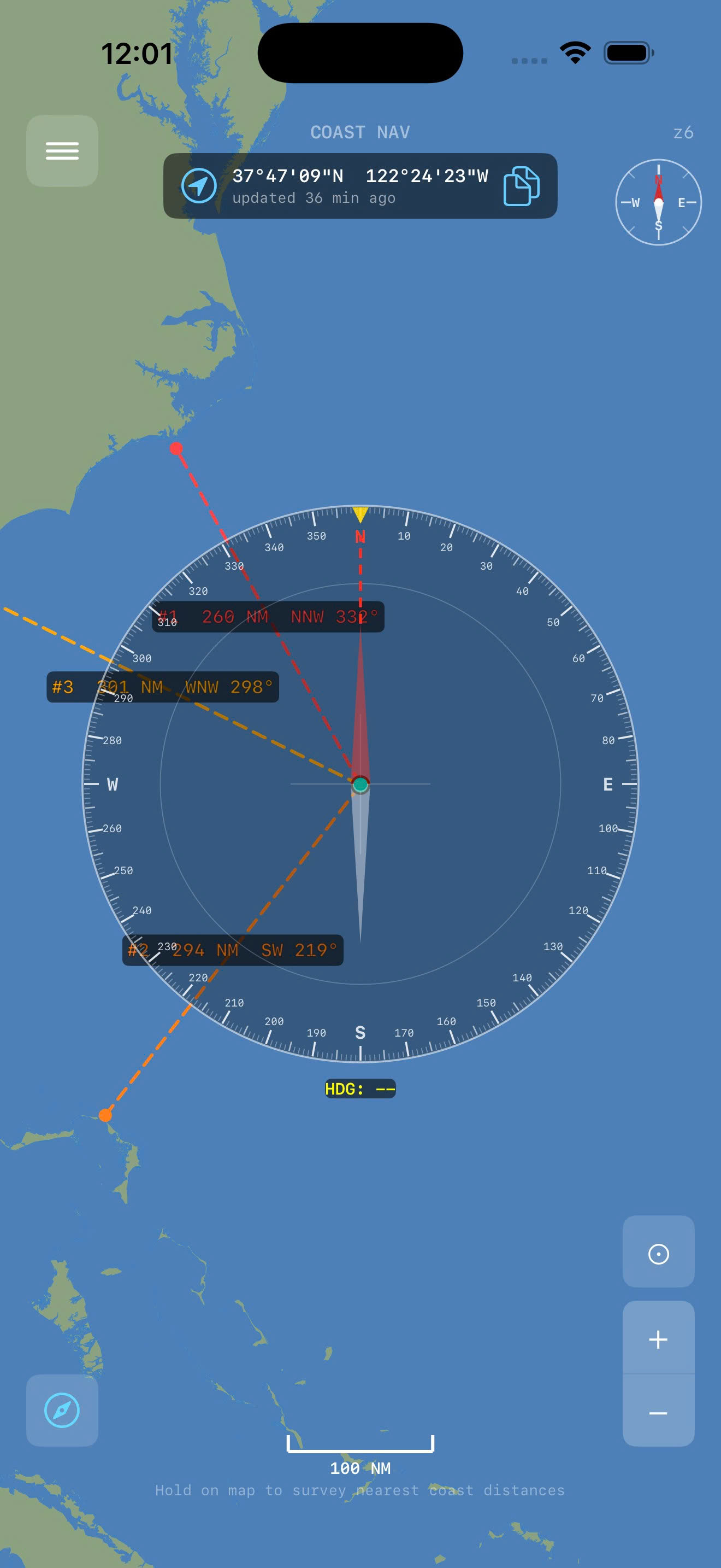Multiple bearing lines to coastline